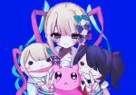  1girl 4_(nn_1_zo) :&lt; ame-chan_(needy_girl_overdose) black_hair blonde_hair blue_background blue_bow blue_eyes blue_hair blue_nails bow cat chouzetsusaikawa_tenshi-chan closed_mouth collared_shirt commentary_request double_v emoji hair_bow hair_ornament hair_over_one_eye hands_up long_hair long_sleeves looking_at_viewer multicolored_hair needy_girl_overdose open_mouth pien_cat_(needy_girl_overdose) pink_bow pink_hair pink_nails pleading_face_emoji puppet purple_bow quad_tails sailor_collar shirt smile solo twintails upper_body v x_hair_ornament 