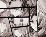  1other 6+girls bodysuit braid eyepatch film_grain freckles greyscale hair_over_one_eye highres ishiyumi mecha mechanical_buddy_universe medium_hair monochrome multiple_girls no_humans robot short_hair short_ponytail sideways_glance speech_bubble wavy_hair 