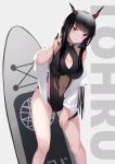  .l.l 1girl absurdres bangs bare_shoulders black_hair black_leotard breasts cleavage cleavage_cutout clothing_cutout collarbone commentary_request eyebrows_visible_through_hair feet_out_of_frame grey_background hand_up highres horns large_breasts leotard long_hair looking_at_viewer navel off_shoulder open_clothes open_shirt original parted_lips red_eyes see-through shirt solo standing very_long_hair white_shirt 