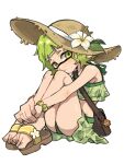  1girl absurdres bag bag_charm bikini blush bracelet charm_(object) flower full_body green_bikini green_eyes green_hair hat hat_flower highres hugging_own_legs ikachan_pochan inkling inkling_girl inkling_player_character jewelry leaf looking_at_viewer parted_lips pointy_ears sandals short_hair simple_background sitting solo splatoon_(series) straw_hat sweat swimsuit tentacle_hair white_background white_flower 