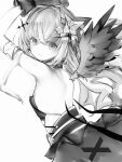  1girl absurdres amane_kanata amane_kanata_(another_world) arms_up backless_outfit bandaged_arm bandages bare_back bare_shoulders breasts detached_wings feathered_wings greyscale hair_between_eyes halo highres hololive long_hair looking_at_viewer monochrome nanashi_(nlo) official_alternate_costume official_alternate_hair_length official_alternate_hairstyle simple_background single_hair_intake small_breasts solo star_halo virtual_youtuber wings 