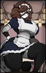 absurd_res anthro big_breasts breasts brown_eyes brown_hair cheetah clothing felid feline female grey_body hair hi_res legwear maid_apron maid_headdress maid_uniform mammal markings solo spots spotted_markings stockings tail uniform zak_hitsuji