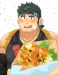  1boy bandaid bandaid_on_cheek bandaid_on_face black_hair black_tank_top blue_eyes blush bouquet chain chain_necklace collarbone confetti crave_saga date_maki detached_sleeves facial_hair goatee_stubble gold_necklace headband highres holding holding_bouquet jewelry long_sideburns looking_at_viewer male_focus muscular muscular_male necklace open_mouth parker_(crave_saga) short_hair sideburns smile solo stubble tank_top thick_eyebrows 