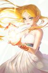 5_fingers blonde_hair clothing dress elf eunjuragi female fingers hair hi_res humanoid humanoid_pointy_ears hylian jewelry light_body light_skin long_hair necklace nintendo not_furry princess_zelda simple_background solo the_legend_of_zelda