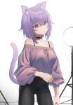  1girl :3 alternate_costume animal_ear_fluff animal_ears bangs black_pants bra_strap breasts cat_ears cat_girl cat_tail closed_mouth collar collarbone cowboy_shot eyebrows_visible_through_hair hair_between_eyes hololive long_sleeves looking_at_viewer medium_breasts nekomata_okayu off-shoulder_shirt off_shoulder pants puffy_long_sleeves puffy_sleeves purple_eyes purple_hair purple_shirt shirt short_hair simple_background solo syhan tail virtual_youtuber white_background 