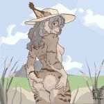  1:1 anthro blue_sky breasts butt cheek_tuft clothing english_text facial_tuft felid feline female field fur grey_hair hair hat hat_only headgear headgear_only headwear headwear_only kristhelynx lynx mammal mostly_nude nipples nude sky smile solo tail text tuft 