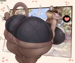  absurd_res anthro bent_over big_breasts big_butt biped breasts brown_body butt clothing dress felid female fur heart_symbol hi_res huge_breasts huge_butt lion looking_back mammal pantherine pupils smile solo thick_thighs volkokot 
