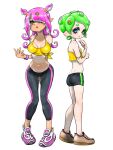 2girls ass ass_visible_through_thighs bare_shoulders black_leggings black_shorts blue_eyes breasts camisole cephalopod_eyes cleavage freckles green_hair hair_over_one_eye highres horizontal_pupils inkling_girl inkling_player_character koharu2.5 leggings lips long_hair medium_breasts mole mole_on_breast mole_on_stomach multiple_girls multiple_moles navel octoling_girl octoling_player_character open_mouth pink_footwear pink_pupils pointy_ears shirt shoes short_hair shorts single_vertical_stripe splatoon_(series) strap_slip suction_cups tan tanlines teeth tentacle_hair tied_shirt two-tone_footwear two_side_up upper_teeth_only white_footwear yellow_camisole yellow_eyes 