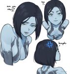  1girl anger_vein atoroux black_hair blue_eyes blue_lips blue_skin bodypaint colored_skin cortana english_text halo_(series) highres hologram medium_hair painted_clothes simple_background solo upper_body white_background 