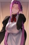  1girl absurdres alternate_costume apron blurry blurry_background breasts brown_eyes closed_mouth dated_commentary enmaided fate/stay_night fate_(series) glasses highres indoors large_breasts long_hair long_sleeves looking_at_viewer maid maid_apron maid_headdress medusa_(fate) medusa_(rider)_(fate) neck_ribbon purple_hair red_ribbon ribbon rororo solo white_apron 