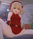  1girl :d alternate_costume bangs belt box breasts buttons commentary_request crystal detached_sleeves feet_out_of_frame flandre_scarlet fur-trimmed_headwear fur-trimmed_skirt fur_trim gift gift_box hair_between_eyes hair_ribbon hat highres indoors looking_at_viewer miyo_(ranthath) night open_mouth pom_pom_(clothes) red_eyes red_skirt ribbon santa_costume santa_hat shirt short_hair side_ponytail sitting skirt sleeveless sleeveless_shirt small_breasts smile snowing solo spread_legs thighhighs touhou white_legwear wings 