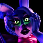 animatronic anthro atherenders black_nose blue_body blue_hair bonnie_(fnaf) bow_tie cheek_dots eyebrows eyelashes female five_nights_at_freddy&#039;s five_nights_at_freddy&#039;s_2 glowing glowing_eyes green_eyes hair humanoid lagomorph leporid lips machine mammal rabbit rabbit_ears robot robot_anthro robot_humanoid robotic_hand scottgames solo thick_lips toy_bonnie_(fnaf)