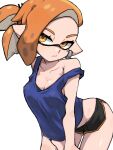  1girl absurdres black_shorts blue_tank_top breasts cleavage closed_mouth ear_piercing highres ikachan_pochan inkling_girl inkling_player_character leaning_forward looking_at_viewer medium_breasts mole mole_under_eye off_shoulder orange_hair piercing pointy_ears ponytail short_shorts shorts simple_background solo splatoon_(series) tank_top tentacle_hair white_background yellow_eyes 