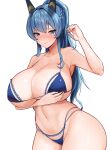  1girl arm_under_breasts bikini blue_bikini blue_bow blue_eyes blue_hair blush bow braid breasts cleavage closed_mouth collarbone commentary_request curvy goddess_of_victory:_nikke hair_between_eyes hair_ornament helm_(nikke) highres large_breasts long_hair looking_at_viewer navel sayashi_(type5_labyrith) sidelocks simple_background solo swimsuit very_long_hair white_background 