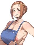  1girl apron blue_apron bow_(bhp) breasts brow_hair brown_hair cleavage clenched_teeth huge_breasts inverted_nipples kaii_to_otome_to_kamigakushi looking_at_viewer mole mole_under_eye ogawa_sumireko short_hair sidelocks simple_background smile sweat sweatdrop teeth upper_body white_background 