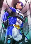  1boy bara bdsm blue_eyes blue_hair bondage bound clenched_teeth covered_abs highres looking_up male_focus muscular muscular_male original scared science_fiction sentai short_hair skin_tight solo stasis_tank teeth thick_eyebrows uruonurun 