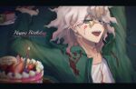  1boy :d absurdres aji_kosugi arm_up bangs blood blue_eyes blurry blurry_background blurry_foreground cake candle chain character_name collarbone commentary_request danganronpa_(series) danganronpa_2:_goodbye_despair depth_of_field fire flame food fork green_jacket grey_hair happy_birthday highres hood jacket komaeda_nagito letterboxed male_focus messy_hair open_clothes open_jacket open_mouth print_shirt shirt smile solo upper_body upper_teeth white_hair 