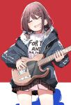  1girl =_= brown_hair clothes_writing cowboy_shot girls_band_cry guitar highres holding holding_guitar holding_instrument instrument iseri_nina jacket low_twintails nyoijizai open_clothes open_jacket open_mouth plaid plaid_skirt playing_guitar pleated_skirt red_background skirt solo twintails white_background 