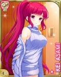  arms_behind_back asami_kei bare_arms bare_shoulders blush breasts cowboy_shot girlfriend_(kari) long_hair ponytail purple_eyes red_hair sweater tareme turtleneck very_long_hair 