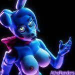 2024 3d_(artwork) animatronic anthro atherenders black_nose blue_body bonnie_(fnaf) bonnie_(psychojohn2) bow_tie cheek_dots digital_media_(artwork) eyebrows eyelashes female five_nights_at_freddy&#039;s five_nights_at_freddy&#039;s_2 glowing glowing_eyes hair lagomorph leporid living_machine looking_at_viewer machine mammal nipples nude rabbit rabbit_ears robot robotic_arm robotic_hand scottgames solo toy_bonnie_(fnaf)