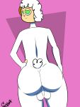 3:4 anthro backsack balls big_balls big_butt bovid butt butt_focus caprine curled_hair curly_(curlyboy) curlyboy eyelids fluffy fluffy_tail fur genitals green_eyes hair half-closed_eyes hand_on_hip hi_res horn looking_at_viewer looking_back male mammal narrowed_eyes pink_nose rear_view sheep smile solo standing tail thick_thighs white_body white_fur