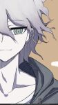  1boy bangs brown_background closed_mouth collarbone danganronpa_(series) danganronpa_2:_goodbye_despair eyebrows_visible_through_hair face grey_eyes grey_hair hair_between_eyes hood hood_down hooded_jacket jacket komaeda_nagito looking_at_viewer male_focus messy_hair portrait short_hair smile solo symbol_commentary ziling 