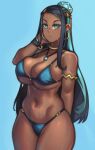  1girl absurdres alternate_breast_size aqua_eyes aqua_hair armlet belly bikini black_hair blue_bikini blue_eyeshadow breasts cleavage dark_skin dark_skinned_female ear_clip earrings eyeliner eyeshadow forehead furrowed_eyebrows gym_leader hair_bun highres hoop_earrings huge_breasts jewelry kelvin_hiu long_hair looking_at_viewer makeup micro_bikini multicolored_hair navel neck_ring necklace nessa_(pokemon) pokemon pokemon_(game) pokemon_swsh solo standing strap_gap streaked_hair swimsuit thick_thighs thighs two-tone_hair underboob very_dark_skin wet 