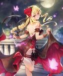  1girl armlet balcony ballroom_assassin_(shadowverse) bare_back blonde_hair braid bug butterfly castle clothes_lift commentary_request dress full_moon high_heels highres jewelry kunai long_hair looking_back moon night night_sky official_art purple_eyes red_dress red_footwear rwael seductive_smile shadowverse side_slit skirt skirt_lift sky smile solo teardrop_facial_mark thigh_strap weapon 