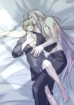  2boys absurdres aiz00 bare_pectorals barefoot bed black_pajamas black_pants black_shirt blonde_hair closed_eyes cloud_strife collarbone commentary_request cuddling evening final_fantasy final_fantasy_vii grey_hair hand_on_another&#039;s_chest hand_on_own_chest head_on_head head_rest highres leg_between_thighs long_hair lying male_focus multiple_boys no_pants on_back on_side open_clothes open_shirt pajamas pants parted_bangs parted_lips pectorals sephiroth shirt short_hair sleeping spiked_hair toned toned_male topless_male twitter_username very_long_hair window_shadow yaoi 