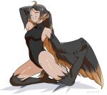  1girl absurdres ahoge bare_shoulders bird_legs bird_tail black_hair black_leotard black_wings brown_feathers brown_hair closed_eyes commentary english_commentary ev_v1l feathered_wings feathers harpy highleg highleg_leotard highres leotard lucy_(thus0) monster_girl multicolored_hair open_mouth original pointy_ears simple_background sleeveless_turtleneck_leotard tail talons tan twitter_username two-tone_hair two-tone_wings winged_arms wings 