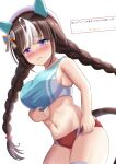  1girl absurdres alternate_costume animal_ears bare_shoulders blue_sports_bra blush bow breasts brown_hair buruma closed_mouth commentary_request ear_bow ear_covers frown groin hair_between_eyes hat highres hokko_tarumae_(umamusume) horse_ears horse_girl horse_tail large_breasts long_hair looking_at_viewer multicolored_hair navel purple_eyes red_buruma rio_(lio_yuzu) simple_background solo sports_bra streaked_hair tail thighhighs thighs umamusume very_long_hair white_background white_hair white_hat white_thighhighs 