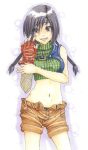  1girl black_eyes black_hair black_panties breasts brown_shorts cropped_sweater final_fantasy final_fantasy_vii gloves green_sweater headband highres marker_(medium) medium_breasts navel open_clothes open_fly open_shorts panties red_gloves shin_osawa short_hair shorts single_glove sleeveless sleeveless_sweater smile solo sweater traditional_media turtleneck turtleneck_sweater underwear yuffie_kisaragi 