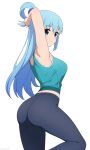  1girl absurdres aqua_(konosuba) arm_behind_head arm_up ass black_pants blue_eyes blue_hair breasts highres kono_subarashii_sekai_ni_shukufuku_wo! large_breasts long_hair looking_at_viewer looking_back pants solo sportswear thighs white_background yisusjpl yoga_pants 