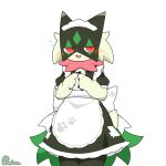 1:1 ambiguous_gender animated anthro biped blush clothing fur generation_9_pokemon green_body green_fur maid_uniform meowscarada nintendo pokemon pokemon_(species) red_eyes short_playtime short_tail solo tail tail_motion tailwag tontaro uniform