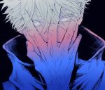  1boy black_background covered_mouth glowing glowing_eyes gojou_satoru hand_on_own_face highres jacket jujutsu_kaisen looking_at_viewer male_focus partially_colored portrait simple_background solo tiyu0710 turtleneck turtleneck_jacket white_eyes white_hair 