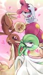  3girls brown_fur colored_skin dress gardevoir green_hair hair_over_one_eye heart highres krystalstar70 looking_at_viewer looking_back lopunny medicham multicolored_skin multiple_girls pink_background pink_eyes pokemon pokemon_(creature) pokemon_mystery_dungeon rabbit signature smile two-tone_fur two-tone_skin white_dress white_skin 