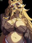 absurd_res accessory ahoge anthro artist_name bare_shoulders belt big_breasts black_background blonde_hair blue_eyes bottomwear bracelet breast_pockets breasts brown_clothing brown_jacket brown_topwear buchiage_hannah cleavage clothed clothing colored_nails cropped_jacket ear_piercing ear_ring eyewear eyewear_on_head fangs female glint hair hair_accessory hairclip half-closed_eyes hand_on_sunglasses hi_res hyena jacket jewelry long_hair long_sleeves looking_at_viewer mammal midriff nails narrowed_eyes navel necklace off-shoulder_top open_mouth pants piercing red_bottomwear red_clothing red_nails red_pants ring_piercing sharp_teeth simple_background smile solo sunglasses sunglasses_on_head taphris teeth topwear vtuber zipper