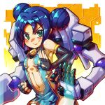  1girl artery_gear artist_name black_gloves blue_hair breasts china_dress chinese_clothes clenched_hand dated double_bun dress elbow_gloves english_commentary gloves green_eyes hair_bun highres laflora looking_at_viewer mechanical_arms navel siddngor small_breasts smile yang_meihua_(laflora) yellow_background 
