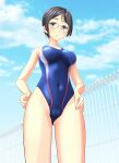  1girl absurdres black_hair blue_sky blue_swimsuit breasts brown_eyes cloud competition_swimsuit covered_navel cowboy_shot day fence from_below glasses highres looking_at_viewer mature_female medium_breasts multicolored multicolored_clothes multicolored_swimsuit one-piece_swimsuit original outdoors short_hair sky solo swimsuit takafumi 