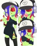  1girl arm_behind_back bandaged_arm bandages baseball_cap black_dress black_footwear blue_hair blush_stickers boots bracelet closed_mouth color_chip_(splatoon) colored_skin commentary_request cross-laced_slit dedf1sh dress earrings fang gradient_hair green_skin hand_on_own_face hat headphones headphones_over_headwear highres jewelry kiirono knee_boots long_hair mouth_hold multicolored_hair multiple_earrings multiple_views octoling off-shoulder_dress off_shoulder open_mouth pointing print_headwear red-tinted_eyewear red_hair sanitized_(splatoon) side_slit single_bare_shoulder speech_bubble splatoon_(series) splatoon_3 splatoon_3:_side_order standing suction_cups sunglasses sweat tentacle_hair tinted_eyewear translation_request two-tone_hair white_background 