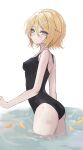  1girl ass blonde_hair blue_eyes blush breasts covered_nipples elpuchi food fruit hair_ornament hairclip highres kagamine_rin looking_at_viewer looking_back one-piece_swimsuit orange_(fruit) orange_slice short_hair small_breasts smile solo swimsuit vocaloid water water_drop wet 