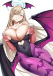 1girl absurdres asuna_(blue_archive) bare_shoulders blue_archive blue_eyes blush breasts cleavage collarbone cosplay grin hair_over_one_eye halo highres large_breasts light_brown_hair long_hair looking_at_viewer morrigan_aensland morrigan_aensland_(cosplay) smile solo thighs vampire_(game) very_long_hair xkit 
