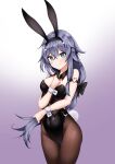  1girl absurdres animal_ears bangs black_collar black_legwear black_leotard blue_eyes breasts bunny_ears bunny_tail collar cowboy_shot detached_collar fu_hua gradient gradient_background hair_between_eyes highres honkai_(series) honkai_impact_3rd leotard long_hair looking_at_viewer medium_breasts pantyhose playboy_bunny purple_background silver_hair strapless strapless_leotard tail thighs tor_ai very_long_hair wrist_cuffs 