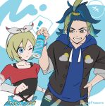  ! 1girl adaman_(pokemon) adaman_(special_costume)_(pokemon) blonde_hair blue_eyes blue_hair bottle bottle_to_cheek brown_eyes collarbone green_hair hand_on_own_hip hetatomato_(nkgk7753) highres holding holding_bottle irida_(pokemon) irida_(special_costume)_(pokemon) midriff multicolored_hair official_alternate_costume one_eye_closed pokemon pokemon_masters_ex signature sweat teeth two-tone_hair 