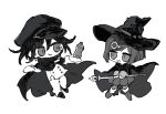  1boy 1girl az1199 blunt_ends bob_cut boots bottle buttons cape chibi closed_mouth collared_cape commentary_request danganronpa_(series) danganronpa_v3:_killing_harmony double-breasted eye_contact full_body gem_hair_ornament greyscale hair_between_eyes hair_ornament hairclip hat hat_belt high_collar holding holding_bottle holding_staff jacket long_sleeves looking_at_another miniskirt monochrome oma_kokichi open_mouth pants pantyhose peaked_cap pleated_skirt shoes short_hair simple_background skirt sleeves_past_wrists smile soda_bottle staff two-sided_cape two-sided_fabric white_background witch_hat yumeno_himiko 