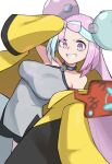  1girl absurdres alternate_breast_size arm_up black_shorts blurry blurry_foreground blush bow-shaped_hair breasts bright_pupils character_hair_ornament collarbone commentary_request grey_shirt grin hair_ornament highres iono_(pokemon) jacket long_hair multicolored_hair open_clothes open_jacket pink_hair pokemon pokemon_sv purple_eyes rotom rotom_phone shirt shorts single_leg_pantyhose sleeveless sleeveless_shirt sleeves_past_fingers sleeves_past_wrists smile teeth tsuneshima two-tone_hair white_pupils yellow_jacket 