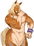  1boy absurdres animal_ears centaur clenched_hand closed_mouth cloud_meadow colored_skin cowboy_shot facial_hair freckles goatee hand_on_own_shoulder highres horse_ears hqzt22340256 looking_to_the_side male_focus monster_boy multicolored_skin muscular muscular_male navel simple_background solo tail taur white_background 