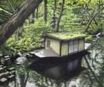  boat building colored_pencil_(medium) commentary_request dated day forest hayashi_ryouta nature no_humans original outdoors pond scenery signature traditional_media tree water watercraft 