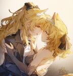  2girls alternate_costume animal_ears artist_name aunt_and_niece black_bow black_gloves black_ribbon blemishine_(arknights) blonde_hair blue_eyes blush bow bowtie chinese_commentary commentary_request elbow_gloves eye_contact face-to-face finger_licking gloves hair_bow hair_ribbon hand_on_another&#039;s_back highres horse_ears incest licking long_hair long_sleeves looking_at_another moyu_marginal multiple_girls open_mouth partially_fingerless_gloves ribbon sweat tongue tongue_out upper_body wavy_hair whislash_(arknights) yellow_eyes yuri 