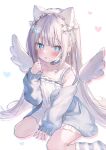  1girl animal_ears blue_eyes blush commission dress hair_ornament hairband hakua_aa heart highres long_hair long_sleeves looking_at_viewer original simple_background sitting skeb_commission solo very_long_hair wariza white_background white_dress wings x_hair_ornament 